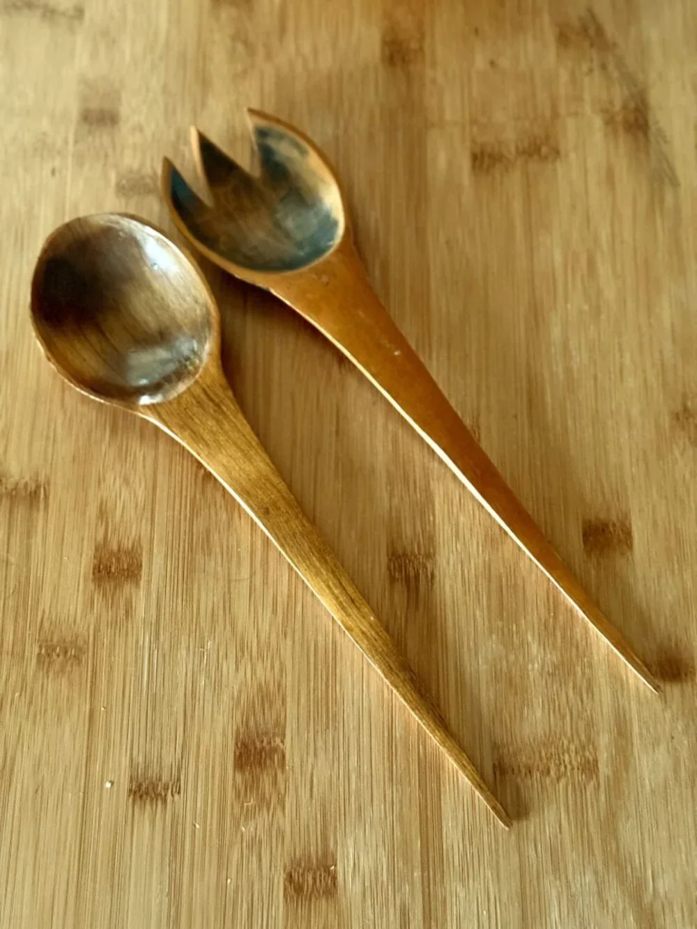 Vintage Mid Century Carved Wood Salad Bowl And Serving Fork And Spoon